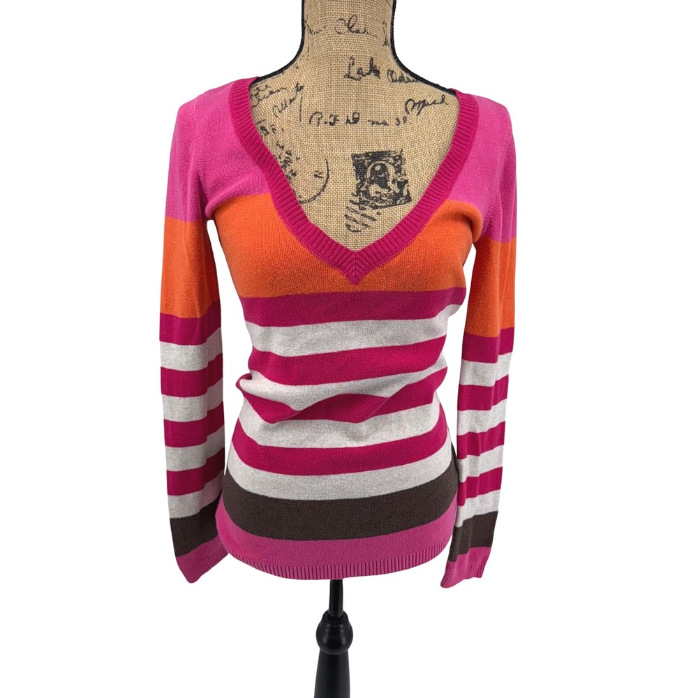 Aeropostale Pink Orange Stripe V Neck Sweater LG Y2K Loralei‎ Gilmore